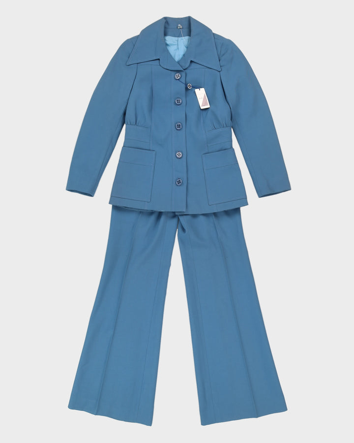 Vintage 70s Moda Women's Blue Fitted Two Piece Suit - S