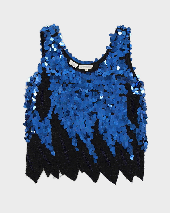 Vintage 80s Roche De Paris Blue Sequin + Beaded Top - M