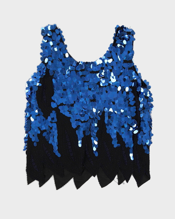 Vintage 80s Roche De Paris Blue Sequin + Beaded Top - M