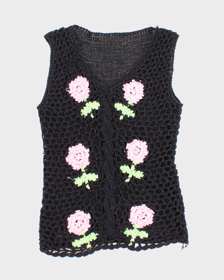 Womens Black and Pink Floral Crochet Tank Top - S