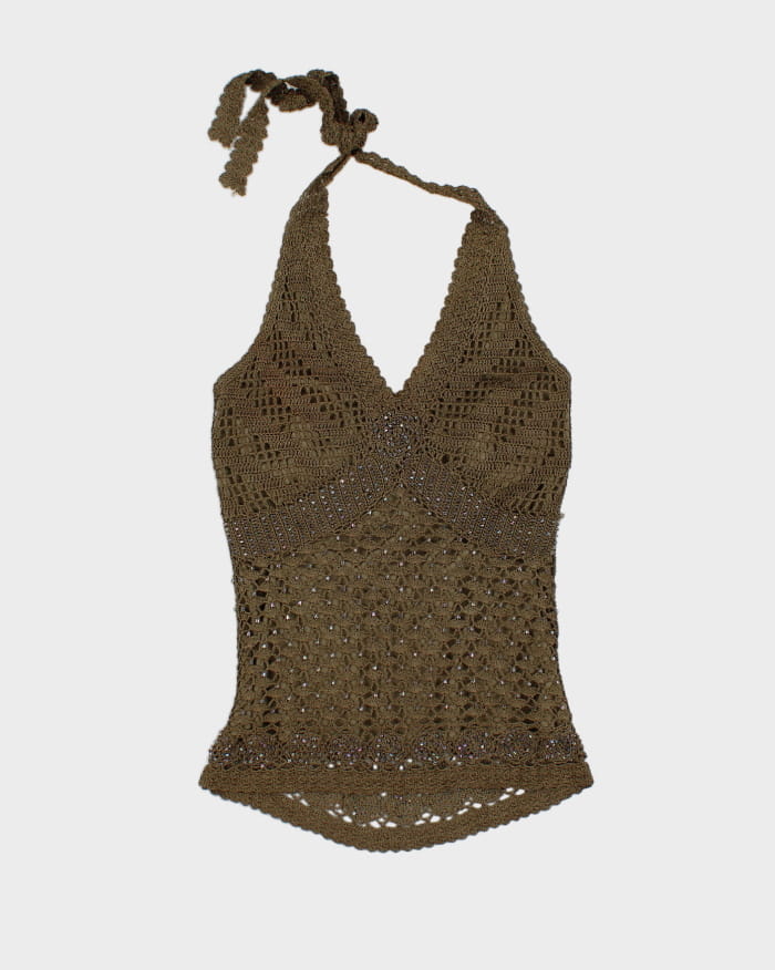 Vintage 90s Le Chateau Green Crochet Style Halter Neck - XS