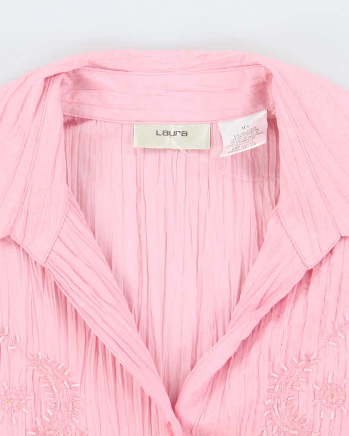Vintage Y2k 00s Laura Pink Crinkle Beaded Blouse - M