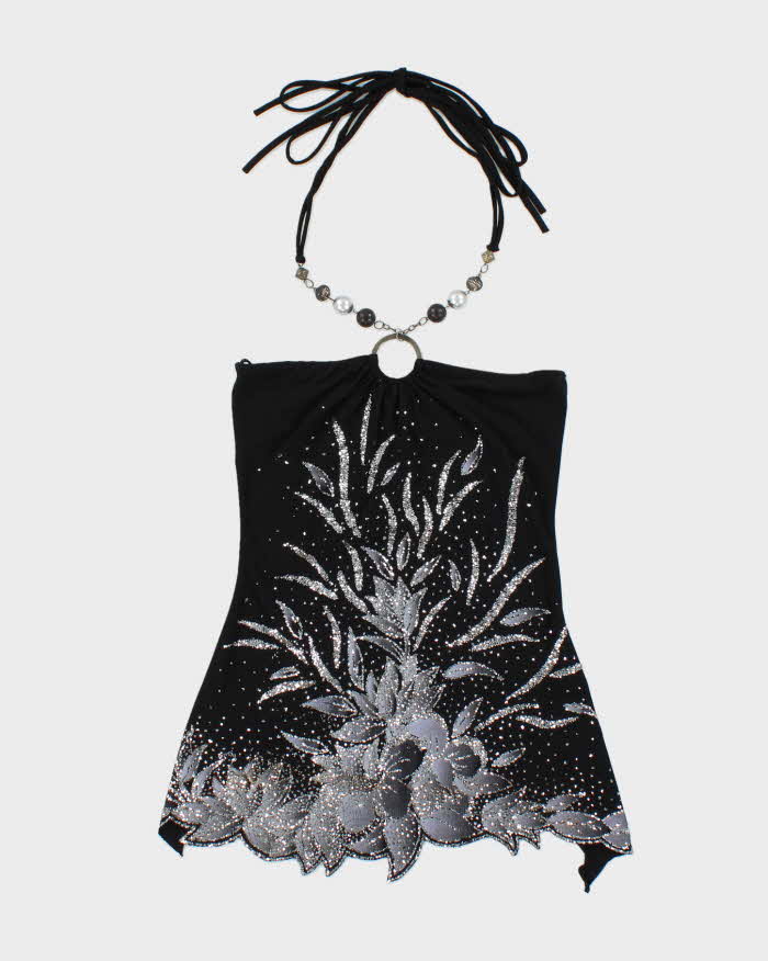 Vintage Y2k 00s FD Beaded Glitter Halterneck Top - XS