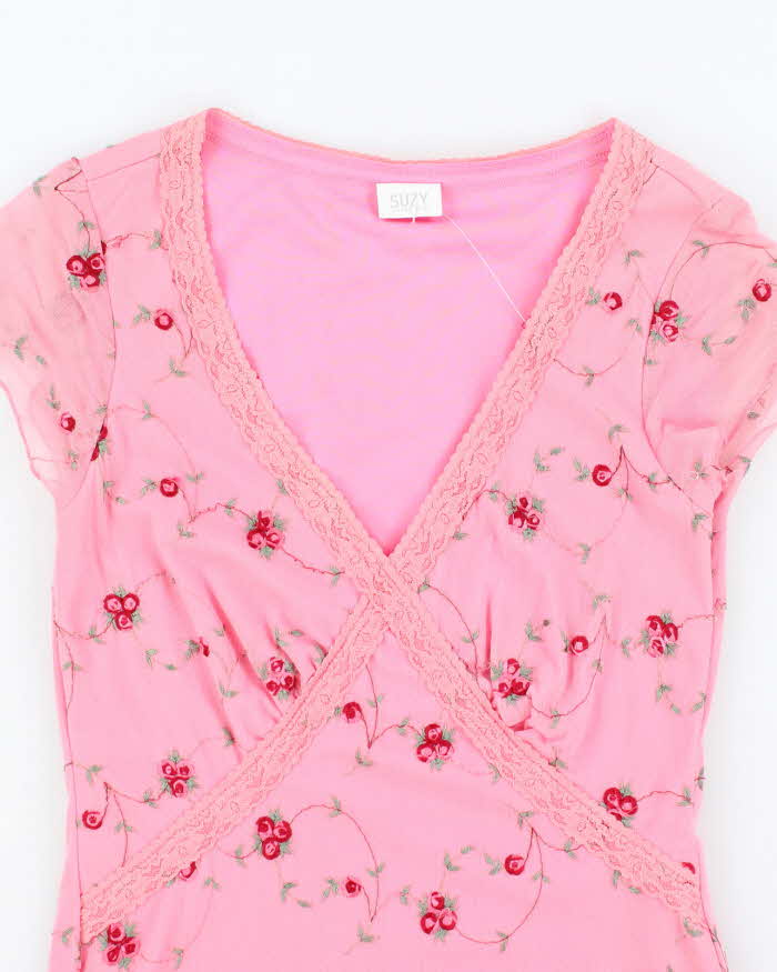Vintage Y2k 00s Suzy Embroidered Mesh Top - S