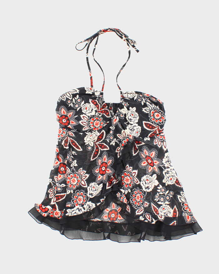 Vintage Y2k 00s Sheer Floral Ruffle Halter Neck Top - S