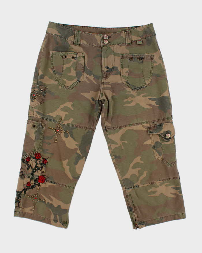 Y2k 00s Camouflage Embroidered Studded Capri Cropped Trousers