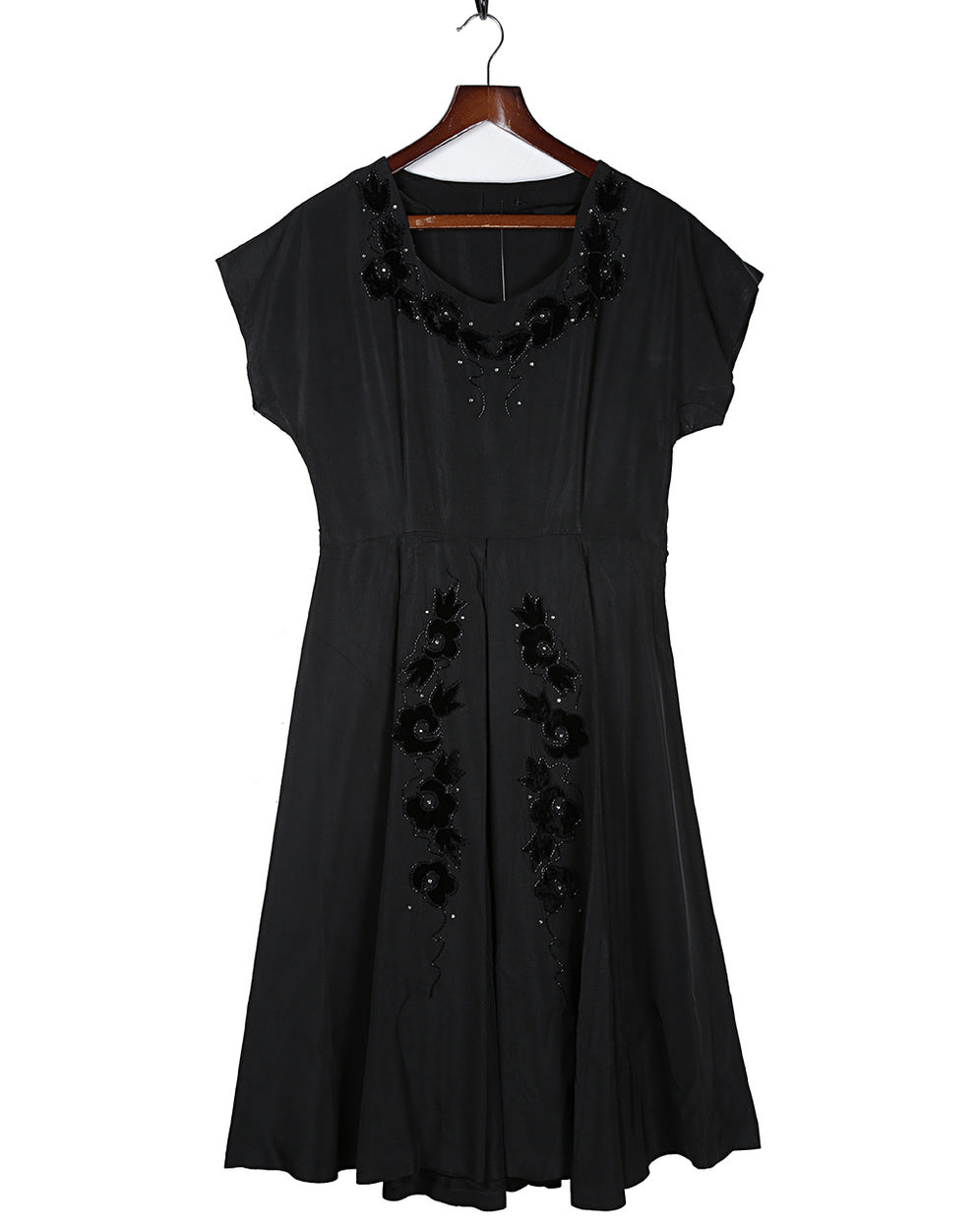 1950s Vintage Black Velvet Embroidered Dress - M