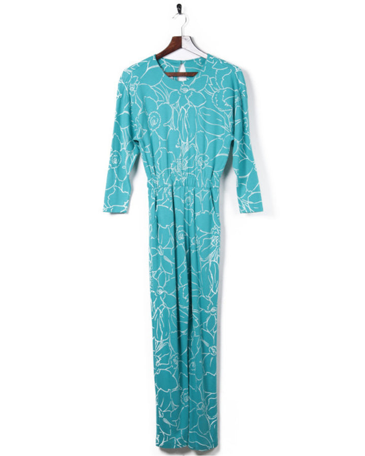 80s Turquoise Long Sleeve Floral Jumpsuit - S