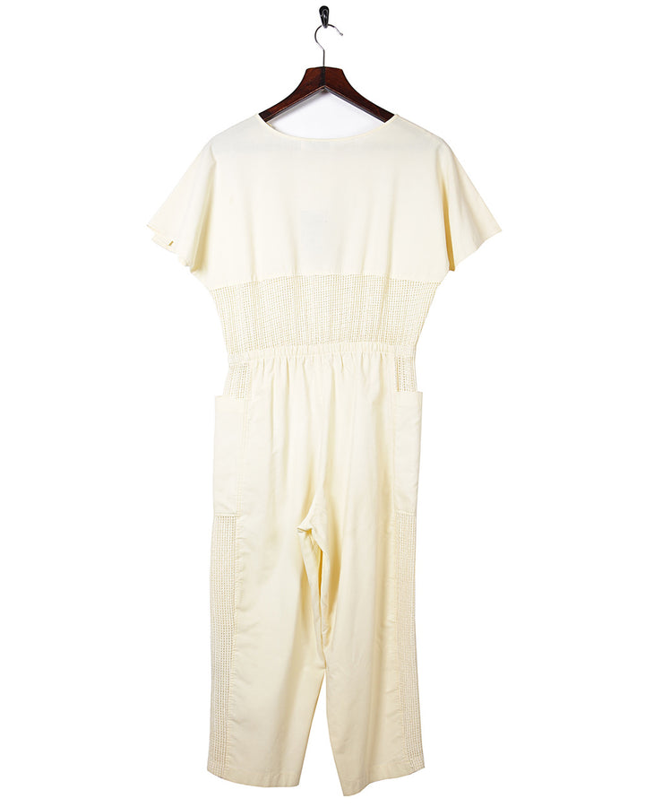 80s Pale Yellow Knit Detail Jumpsuit - S