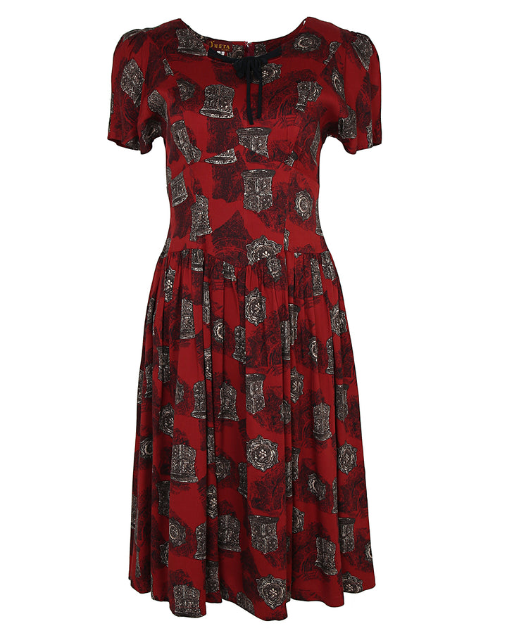 80s does 40s Burgundy Print Dress - XS