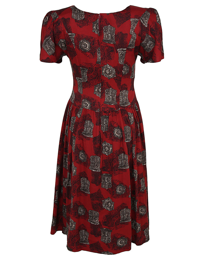 80s does 40s Burgundy Print Dress - XS