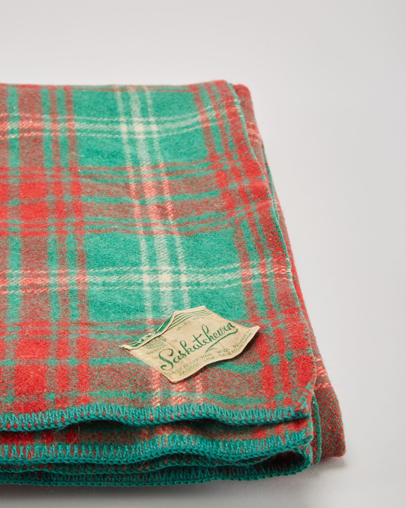 Vintage 1930s Saskatchewan Green And Red Tartan Wool Blanket