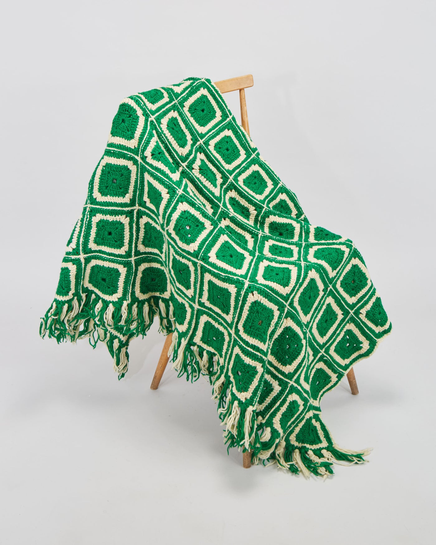 Vintage 1970s Green Crocheted Granny Square Blanket