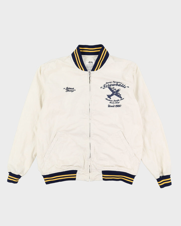 00s Stussy Squadron Screwballs White Bomber Jacket - XL