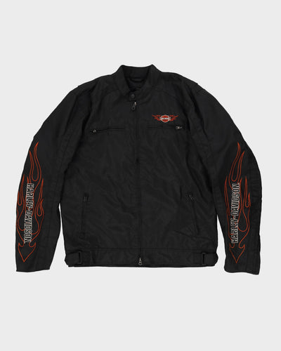 90s Harley Davidson Black Flame Design Tall Biker Jacket - XL