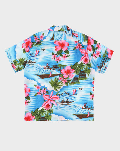 1970s Blue Floral Patterned Hawaiian Shirt - L