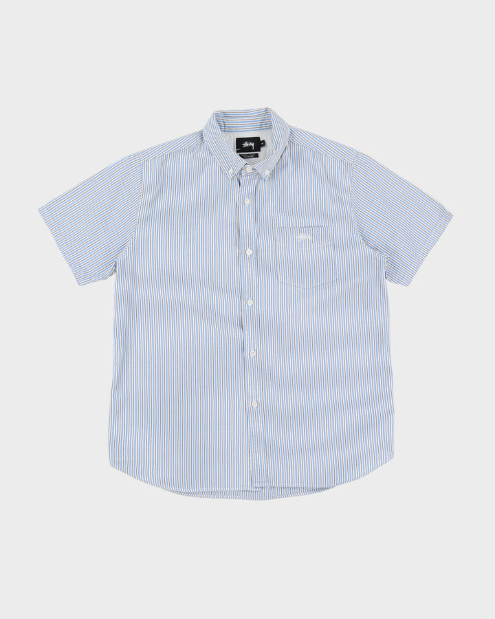 Vintage Stussy Blue / White Stripe Patterned Short-Sleeve Shirt - M