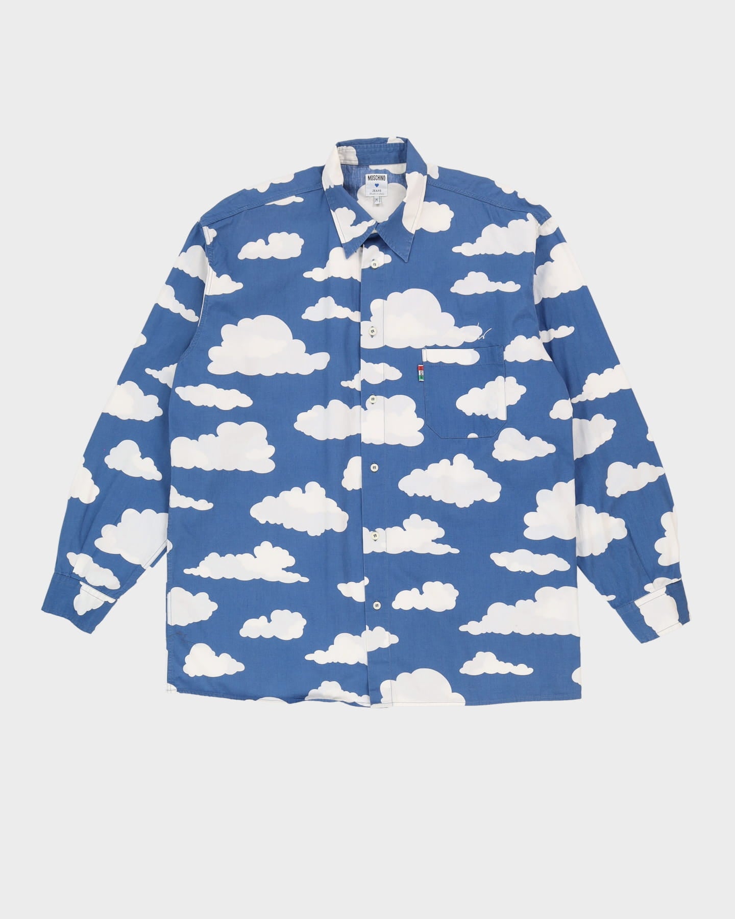 Vintage 90s Moschino Blue / White Long-Sleeve Cloud Patterned