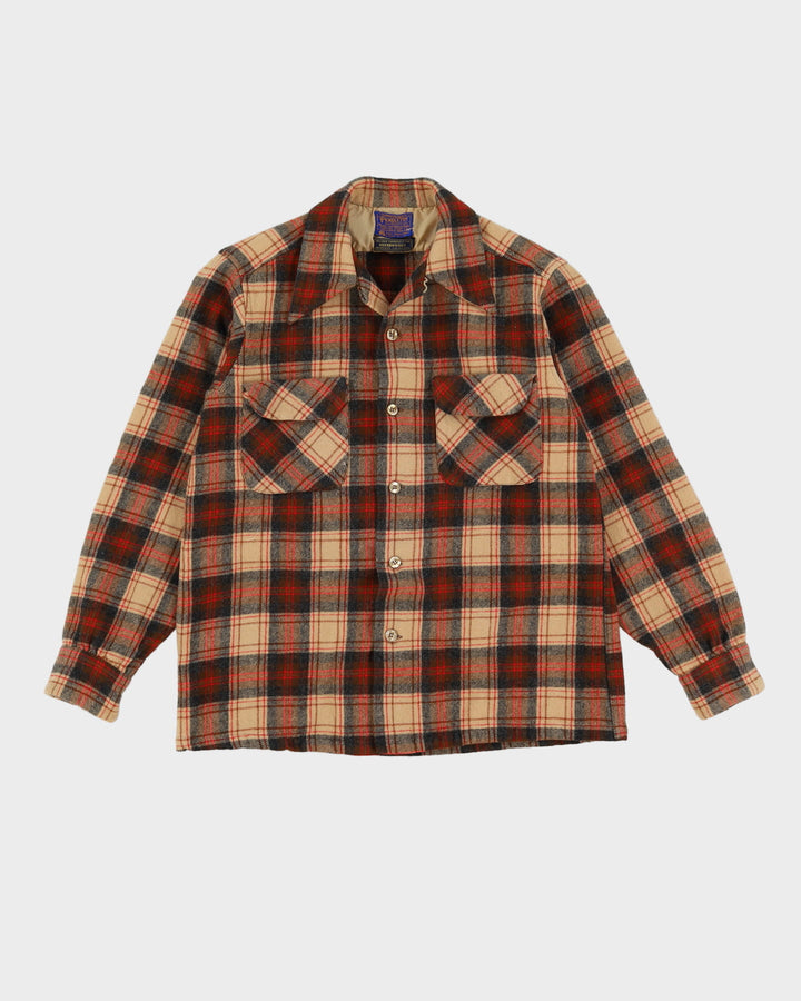 Vintage 60s / 70s Pendleton Beige / Red Check Patterned Virgin Wool Flannel Shirt - M