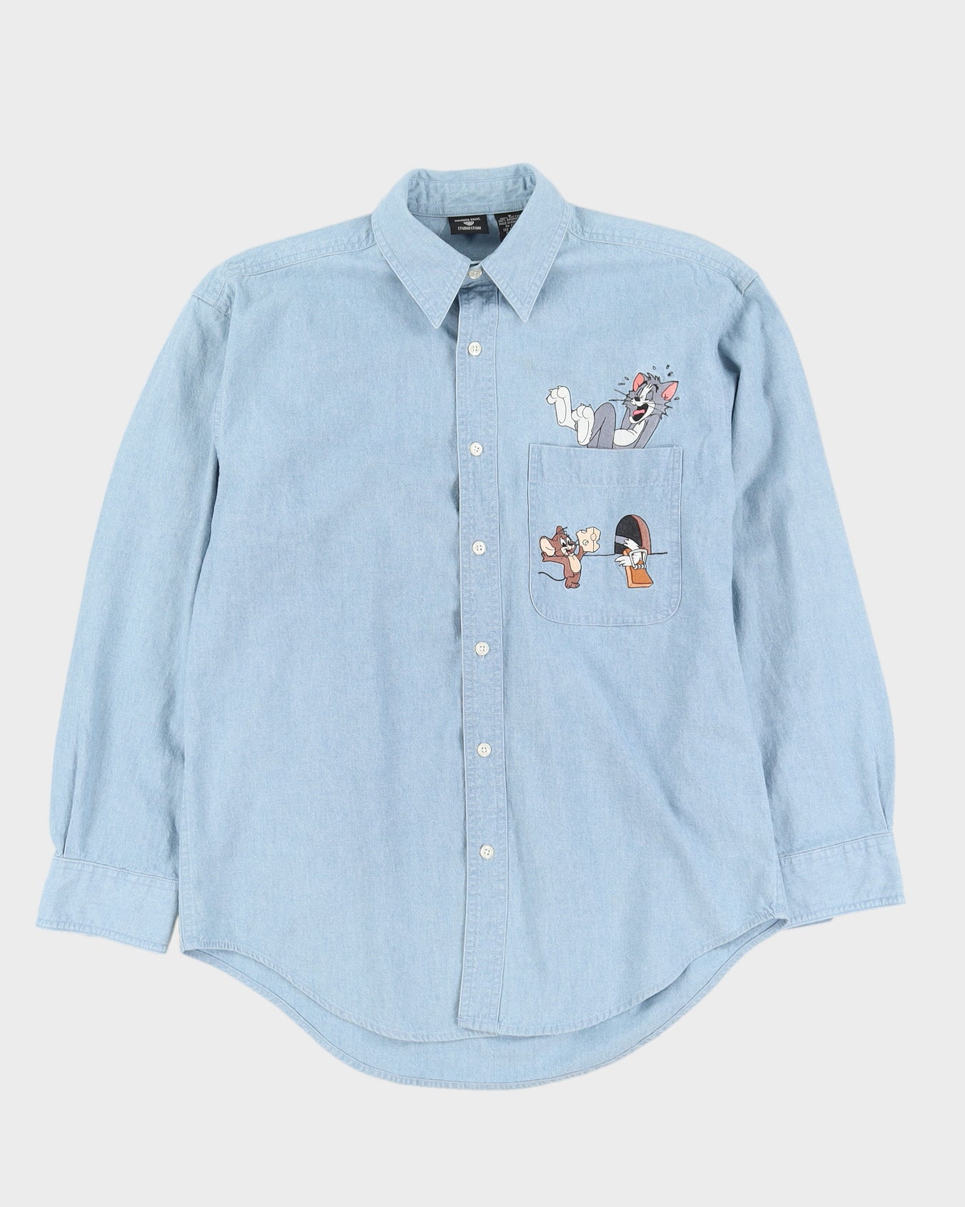 00s Warner Bros Blue Embroidered Tom & Jerry Blue Denim Shirt - S