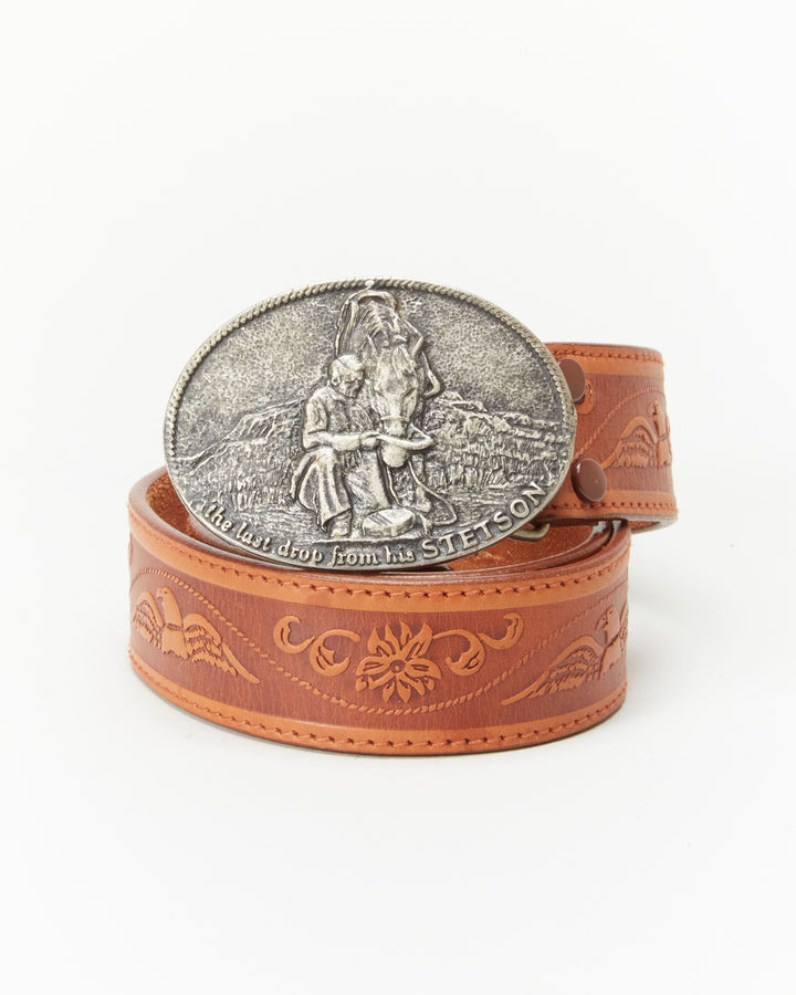 Tooled Leather Stetson Buckle Belt - W32 W36