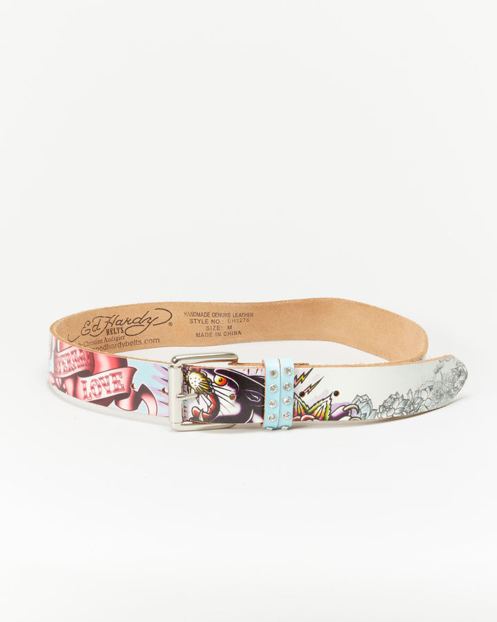 Ed Hardy Blue Patterned Leather Belt - W30 W36