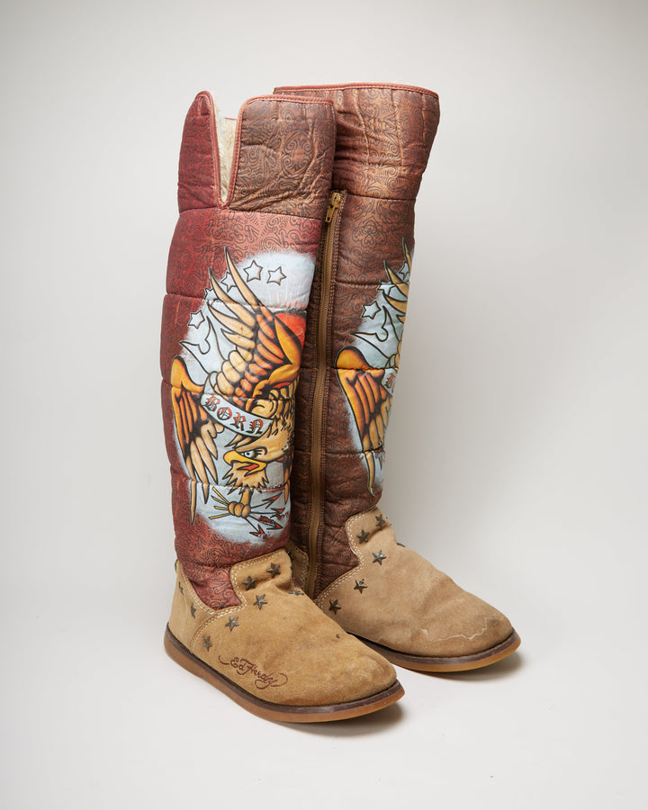 Y2K Ed Hardy Brown Fur-Lined Boots - UK 6.5