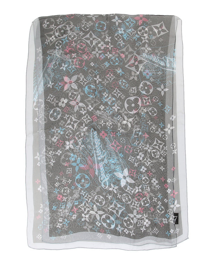 Louis Vuitton Coloured Logogmania on Black Sheer Silk Scarf