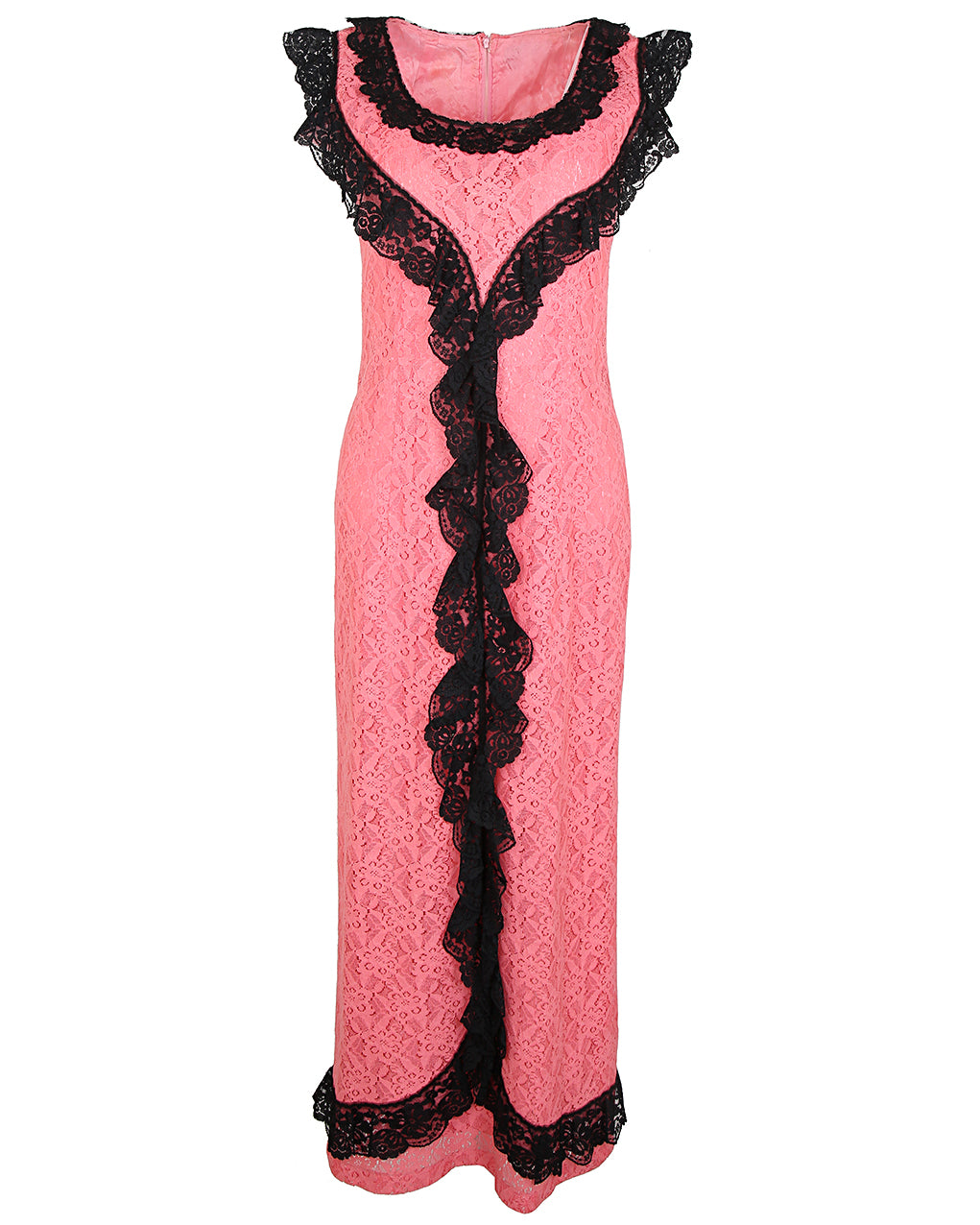 60s Long Pink Lace Overlay Dress with Black Lace Ruffle Detail - S Rokit 60s Long Pink Lace Overlay Dress with Black Lace Ruffle Detail - S Rokit