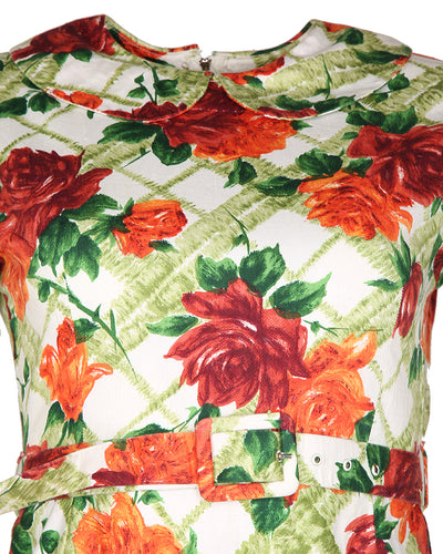 Vintage 60s Green & Orange Floral Patterned Cotton Dress - S