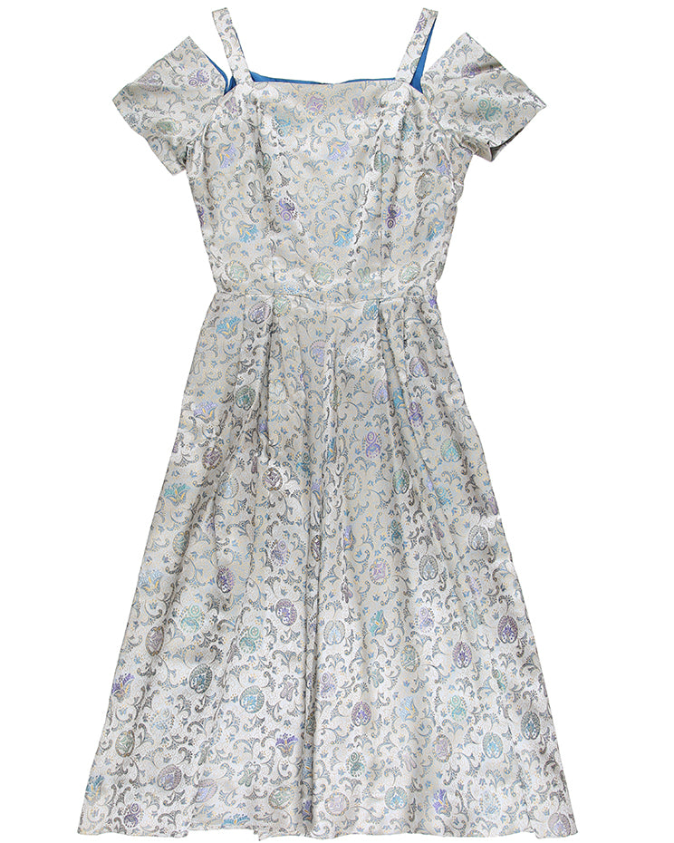 Vintage 1950s Aquamarine Brocade Evening Dress - S