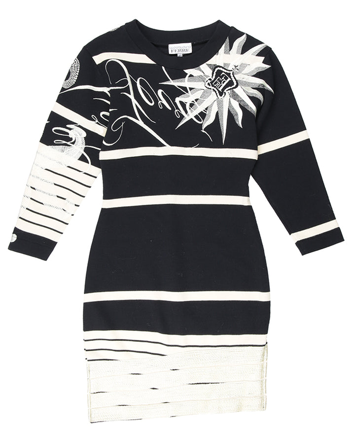 Vintage 1980s Gianfranco Ferre Black and Cream Octopus Knitted Dress - S