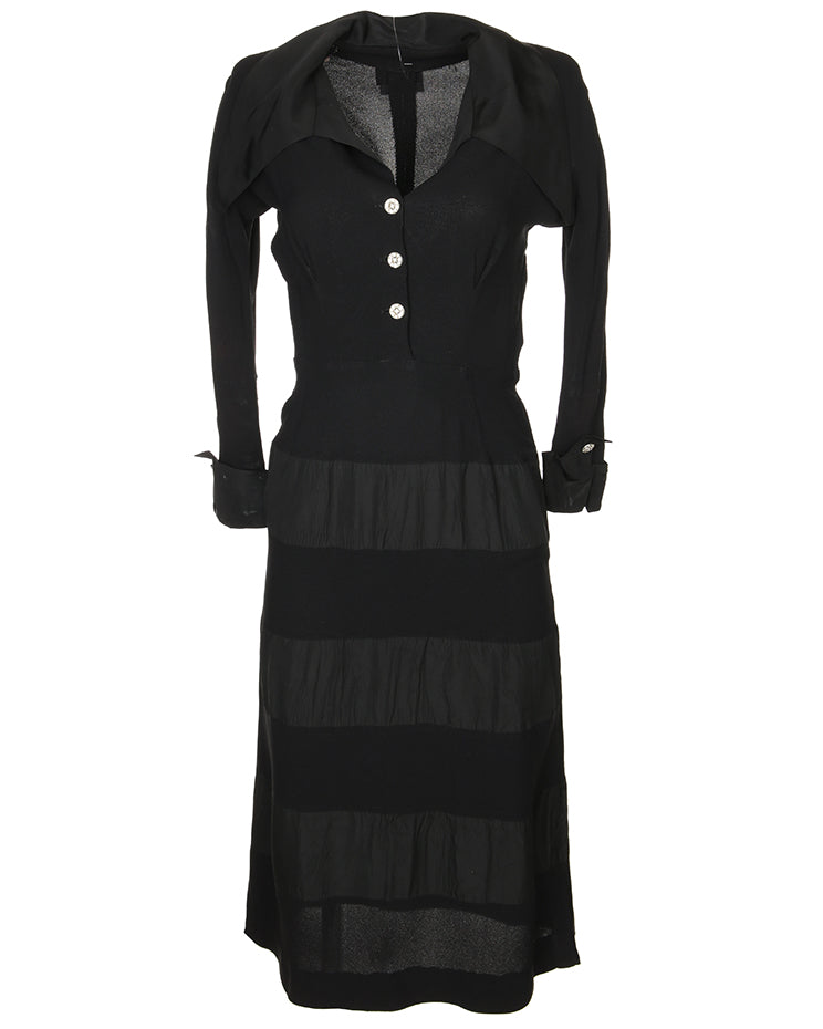 1930s black crepe with oversized satin collar evening dress - S