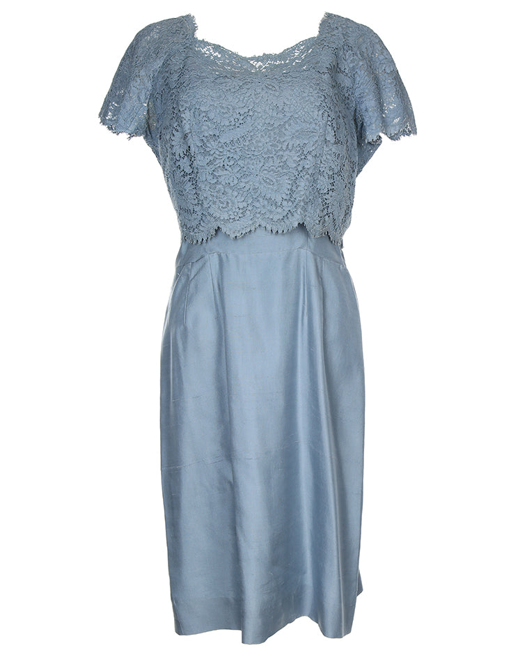 1950s dusky blue lace over satin wriggle dress - M