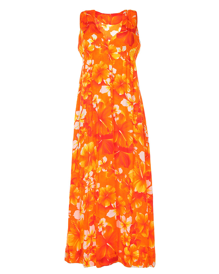 Vintage 70s Orange Hawaian Floral Maxi Dress - S