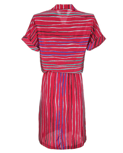 1980's Maroon And Blue Patterned Short Sleeve Dress - M