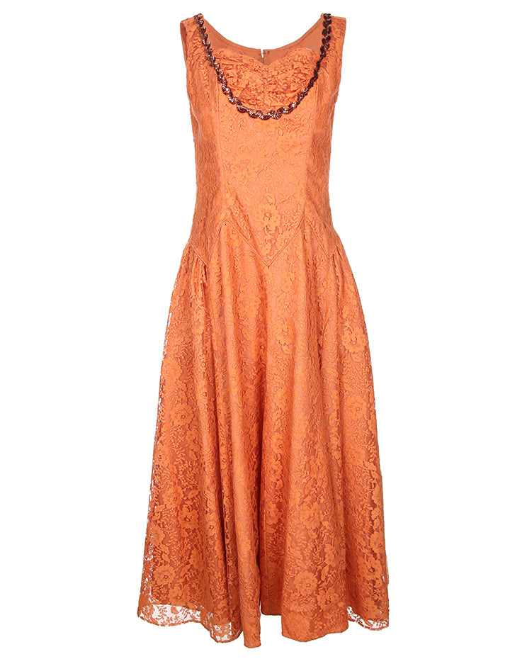 1950's Orange Lace And Sating Evening Dress - S