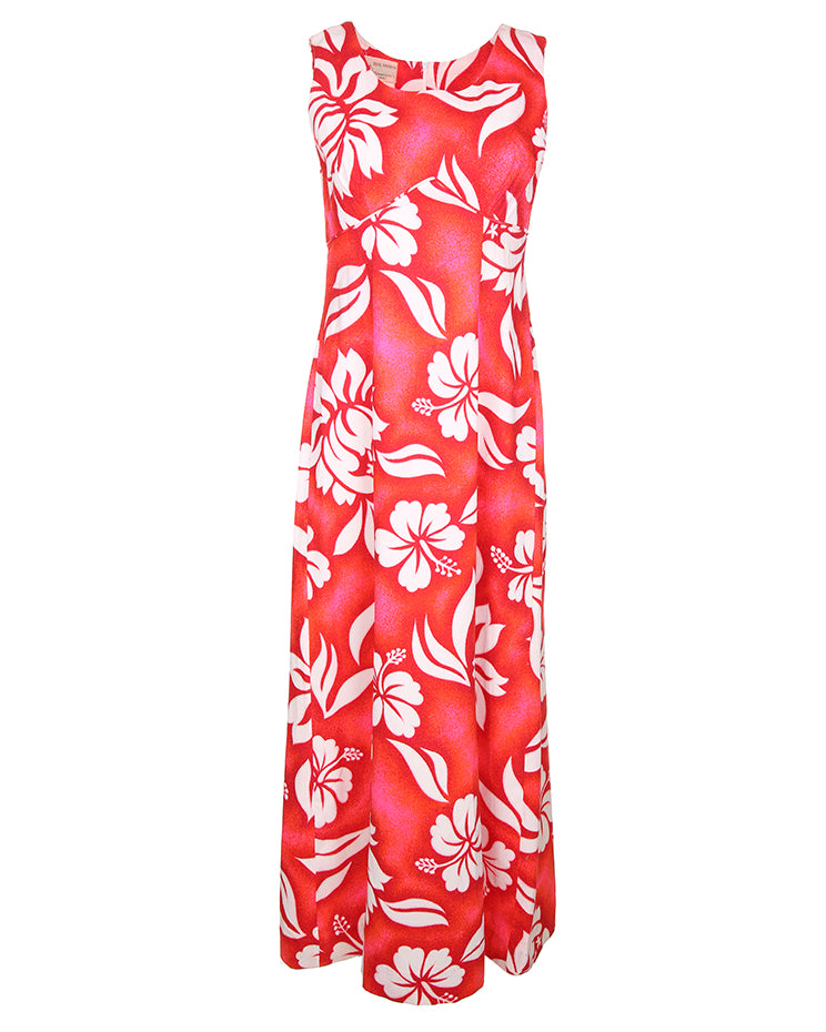 1970's Red And White Patterned Hawaiian Maxi Dress - S