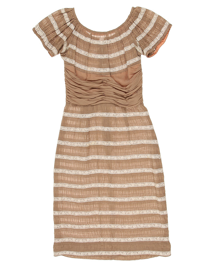 1950's Beige And Lace Striped Smocked Short Sleeve Dress - XS