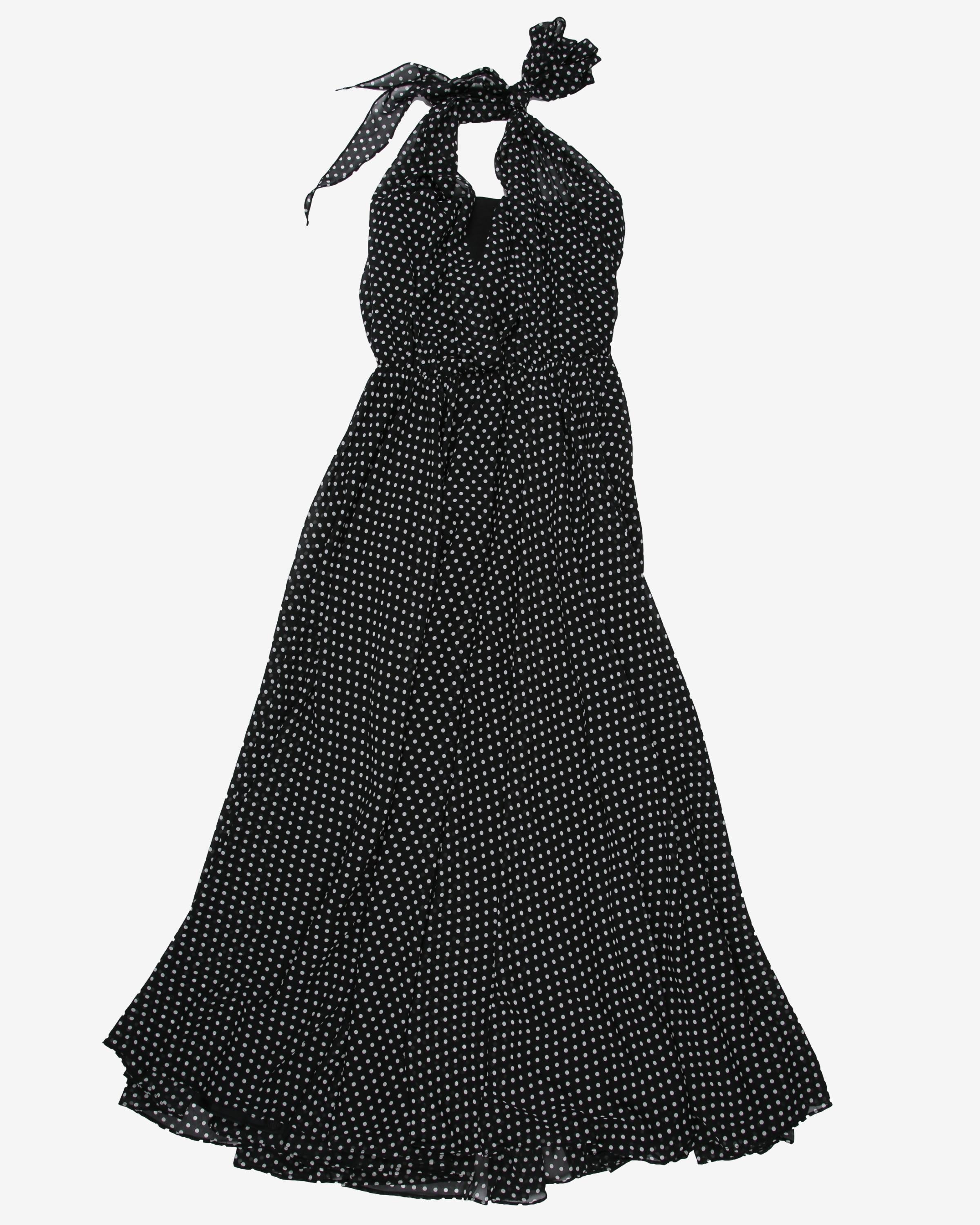 Black with white polka dots halter maxi dress