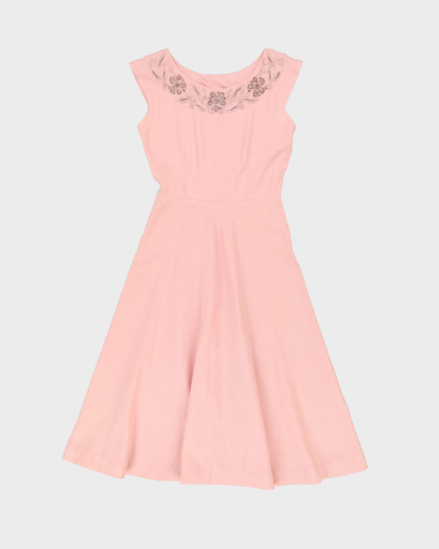 Vintage 1950s Pink Embroidered Linen Tea Dress - S