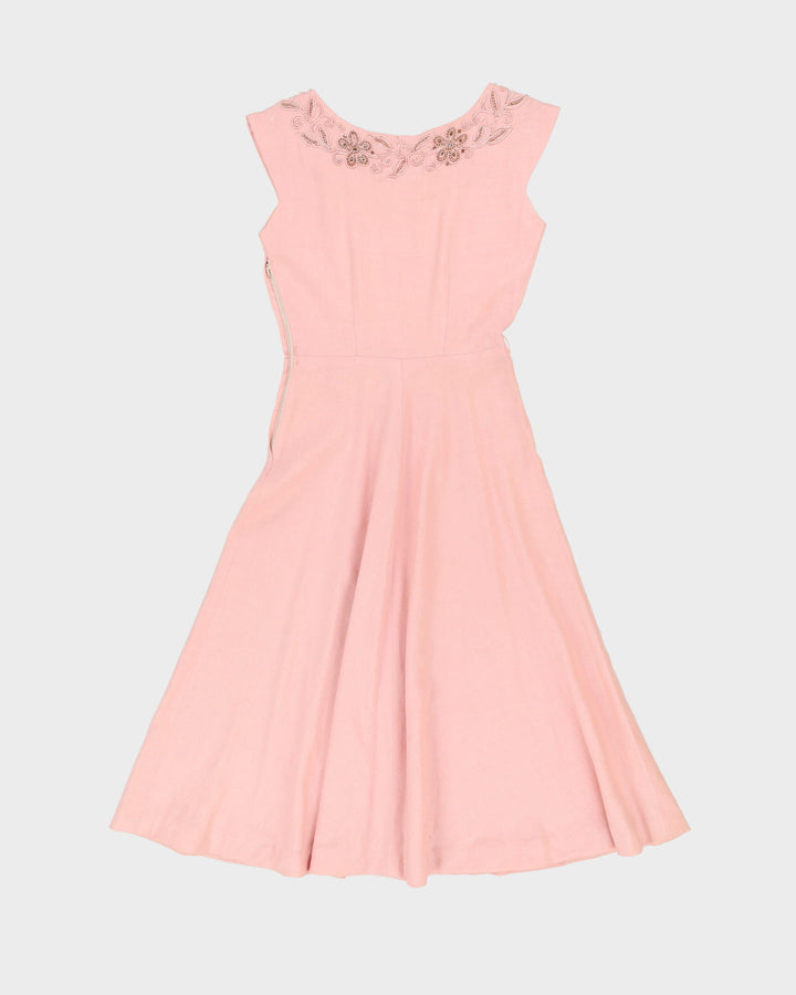 Vintage 1950s Pink Embroidered Linen Tea Dress - S