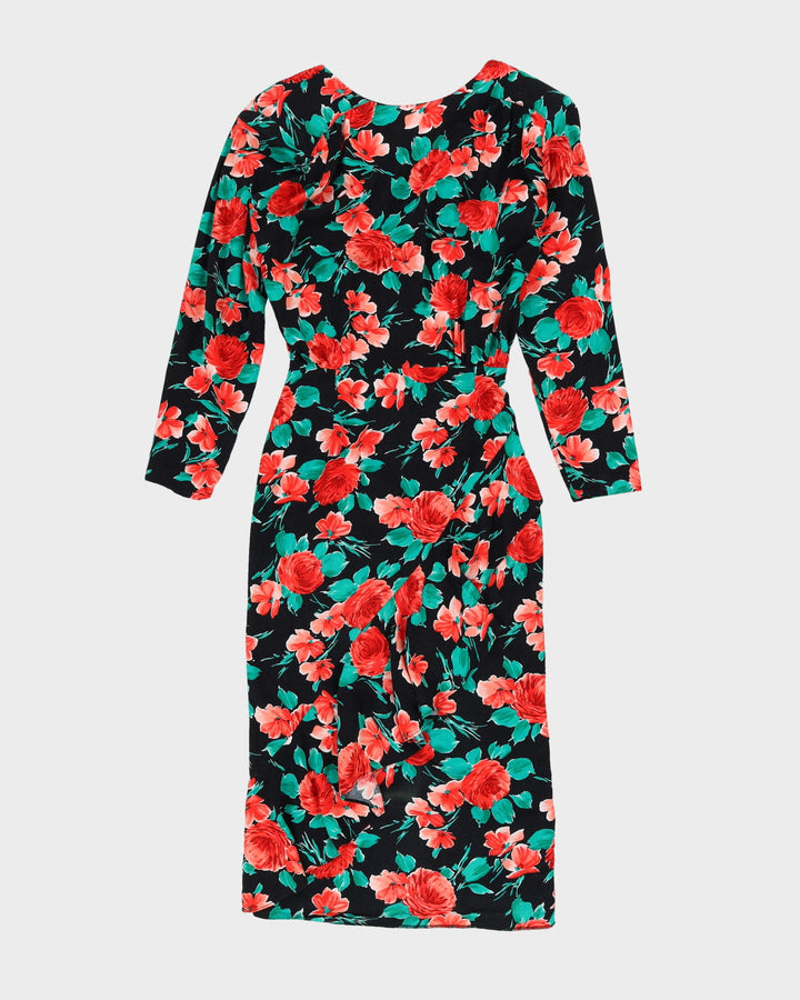 Vintage 1990s Black With Red Flowers Dress - S