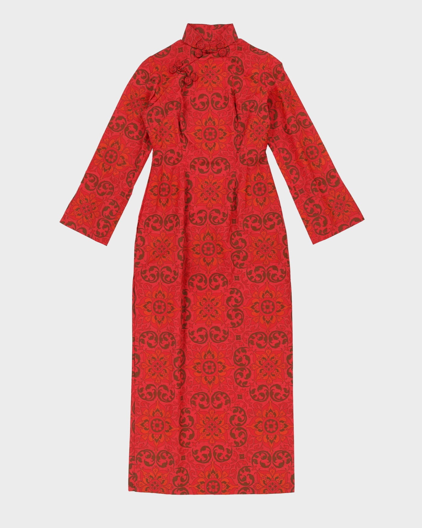 Vintage 1960s Maroon Patterned Cheongsam Dress - XXS