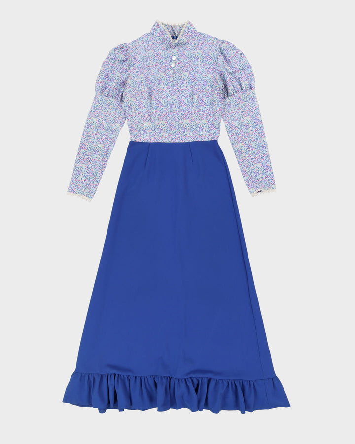 Vintage 1970s Blue Floral Maxi Dress - S