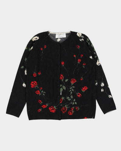 Vintage 1990s Black Button Up Cardigan with Roses - M