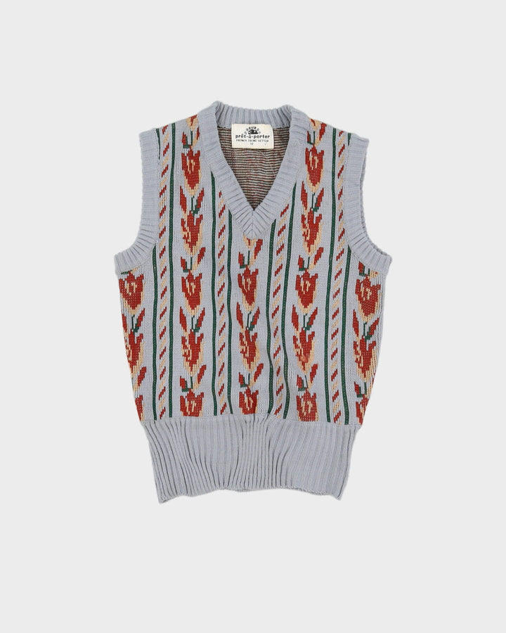 Vintage 1970s Pret A Porter Grey Patterned Knitted Tank Top - XS