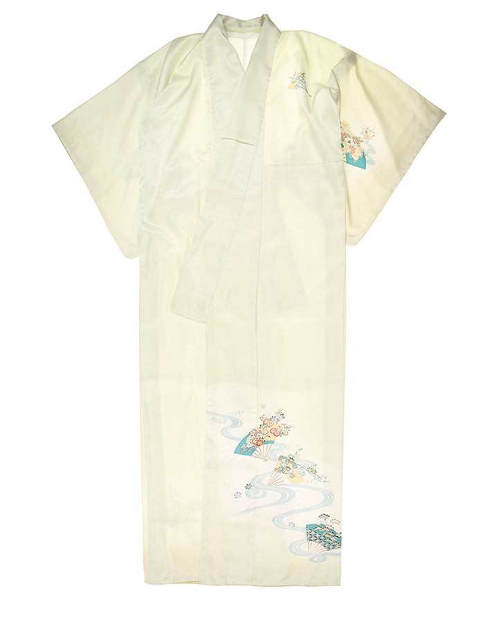 Vintage Lime With Fan Patterned Silk Kimono - M / L
