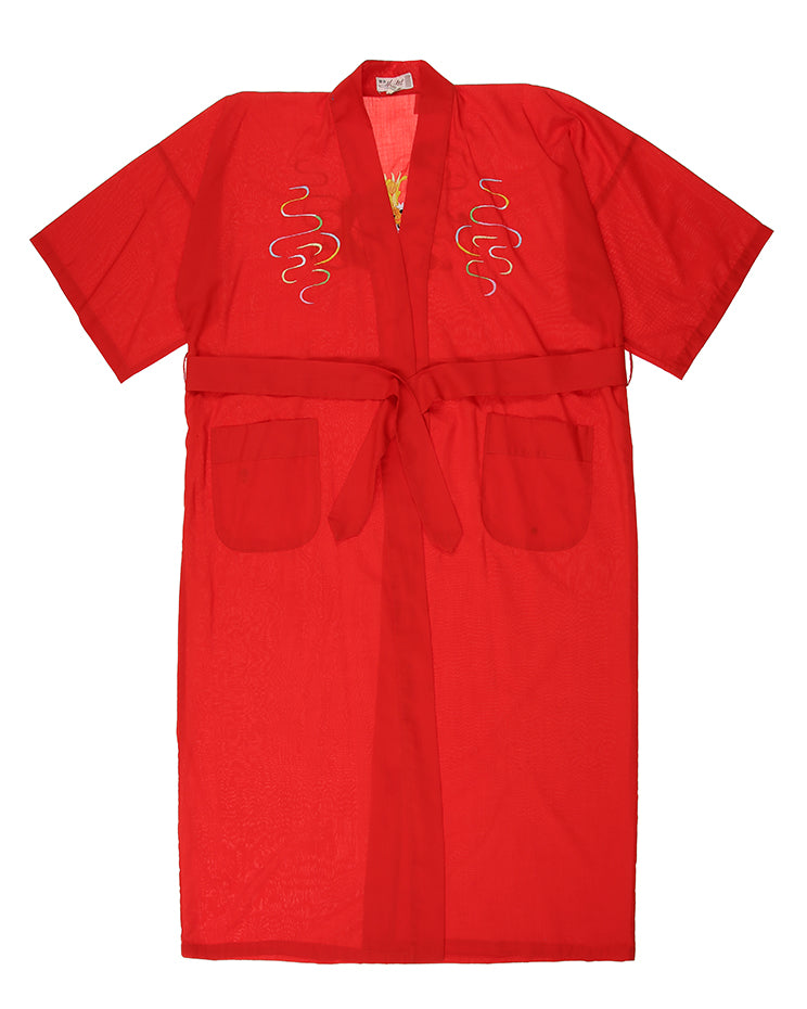 1980's Dragon Embroidered Red Dressing Gown - M / L