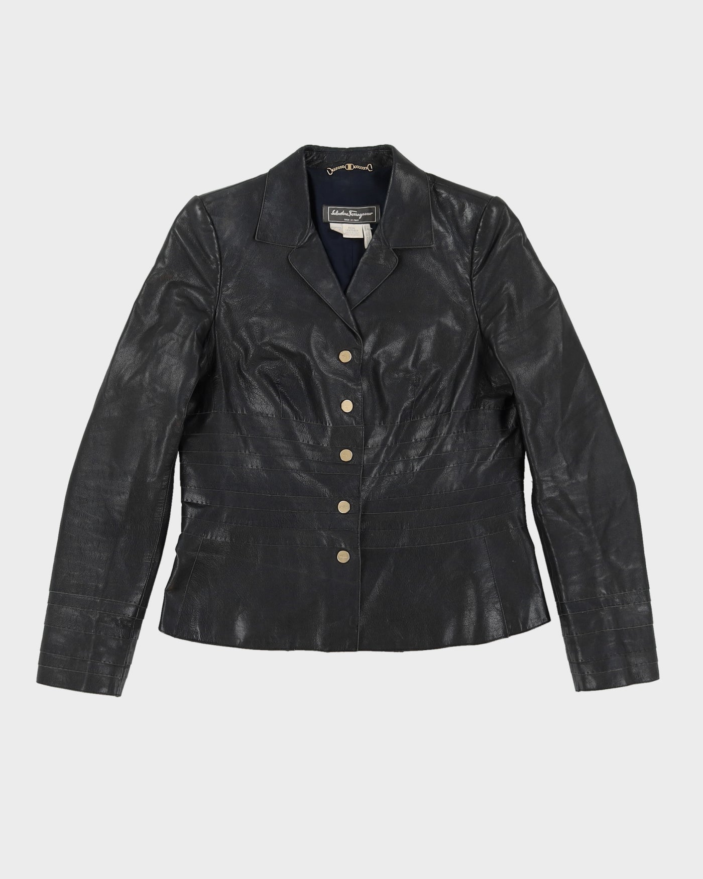 Vintage 1990s Salvatore Ferragamo Navy Leather Jacket - S